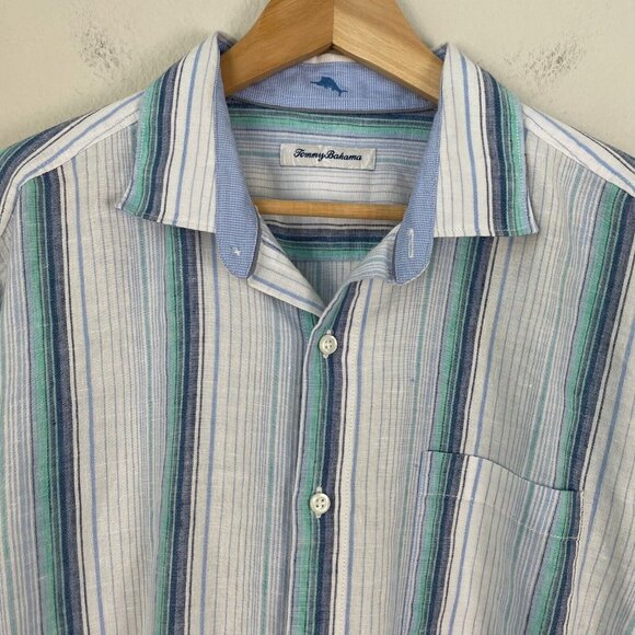 Tommy Bahama Mens Large Stripe Linen Blend Button Up Shirt Long Sleeve Top - Picture 2 of 10